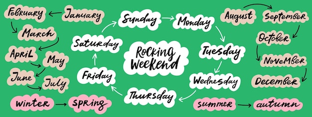 Hand lettering days of the week and months of the year Vector illustration