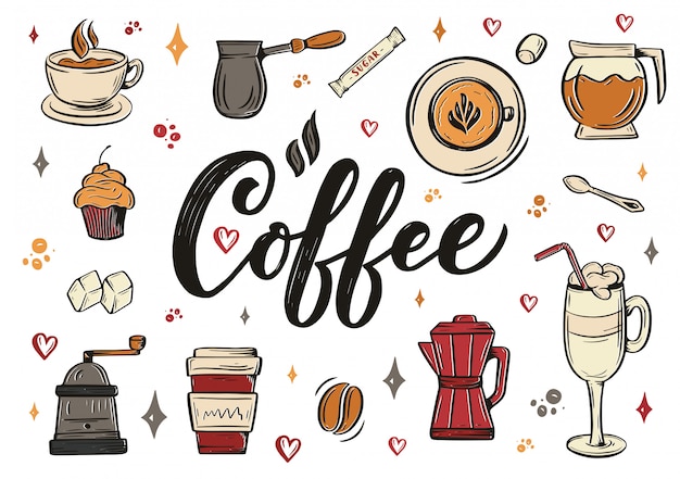 Hand lettering ellements in sketch style for coffee shop or cafe. hand drawn vintage cartoon design, isolated