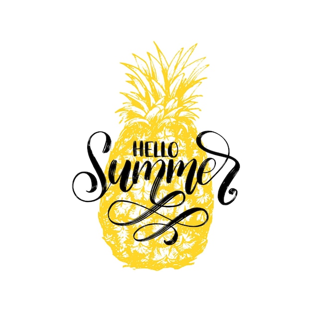 Ручная надпись hello summer vector вдохновляющая фраза на фоне ананаса