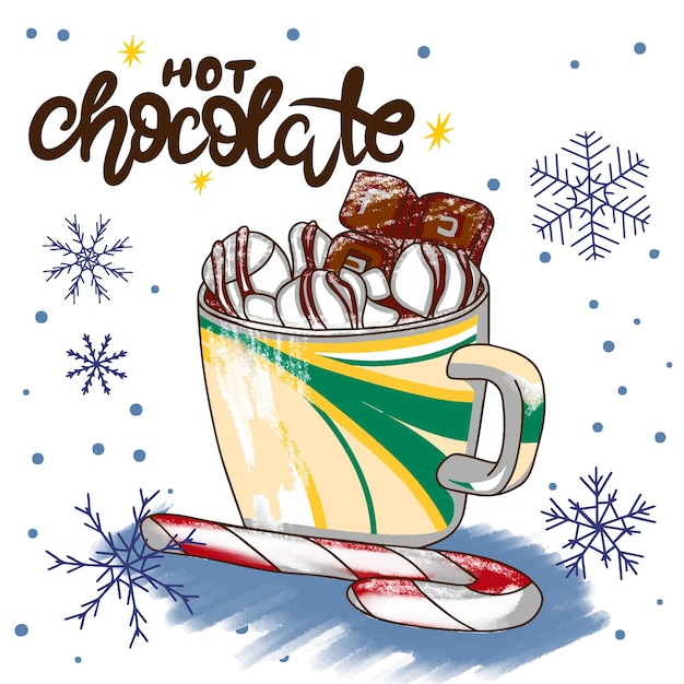 Vector hand lettering hot chocolate delicious drink with marshmallow and candy