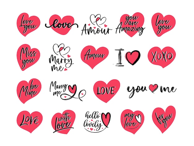 Hand lettering valentines day love heart typography set quotes calligraphy valentine's day card