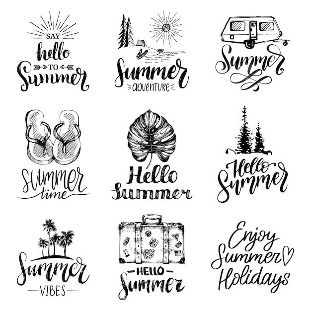 Vector hand lettering with summer motivational phrases and sketches vector set of calligraphy inspirational quotes collection