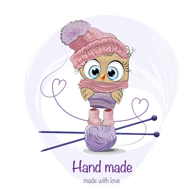 Hand made knitting logo a ball with knitting needles made with love cute owl cartoon owl in win