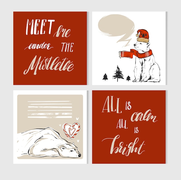 Vector hand made   merry christmas greeting cards set with cute xmas polar bear characters in winter clothing and modern calligraphy.