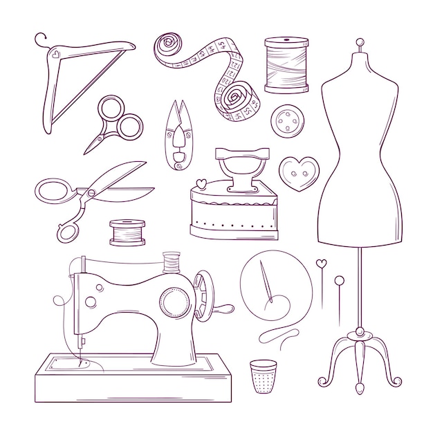 Vector hand made. set of elements for sewing in doodle style