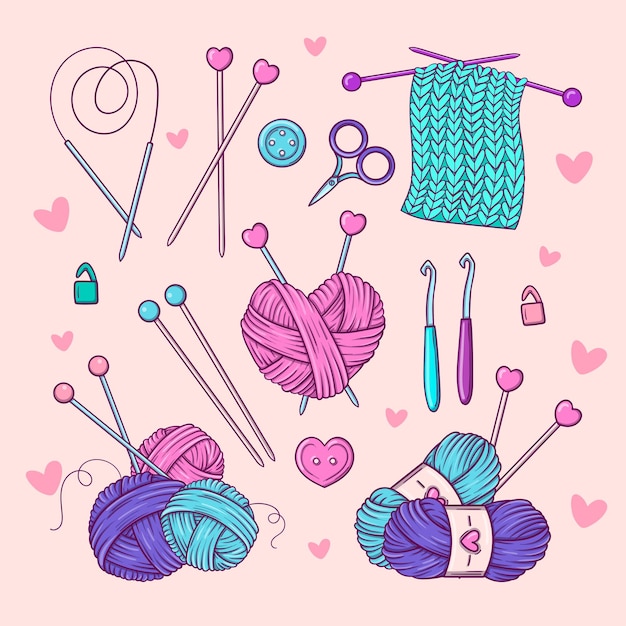 Hand made. Set of elements for sewing, knitting and hand craft in doodle style.