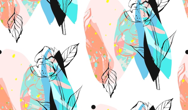 手作りのベクトル抽象的なテクスチャトレンディな創造的なコラージュのシームレスなパターンティファニーブルーパステルカラーの白い背景にさまざまなテクスチャグラフィック花の葉と形モダンなグラフィック