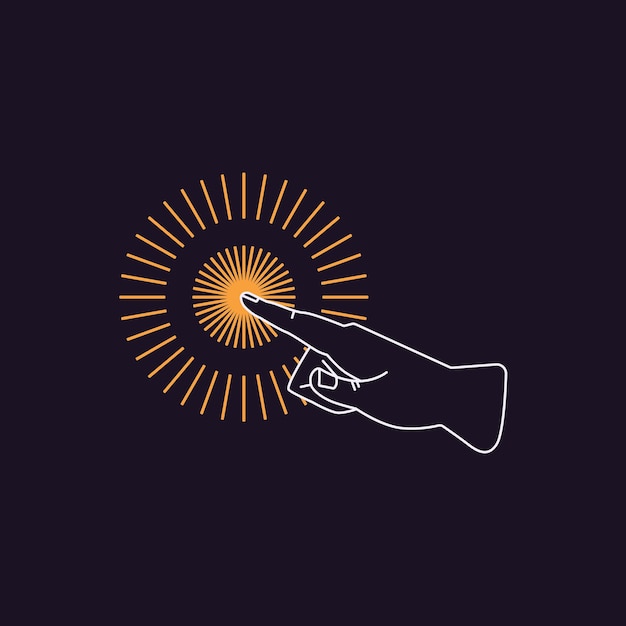 Hand and magic esoteric light Faith and religion concept Gods finger pointing at sacred sun Human searching and discovering spiritual energy Flat vector illustration isolated on white background