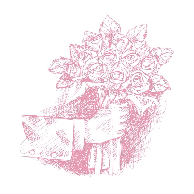 Hand of man holding flower romantic gift. hand drawing illustration.