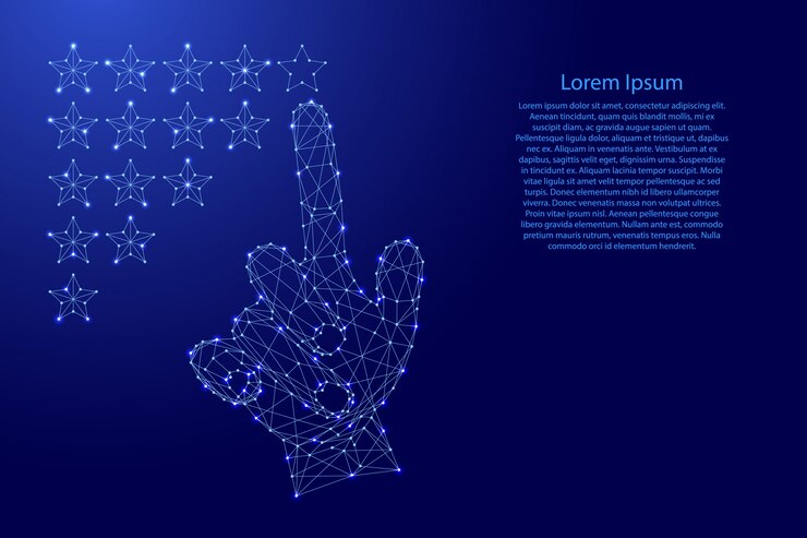Vector hand man with index finger putting down rating stars from futuristic polygonal blue lines and glowing stars