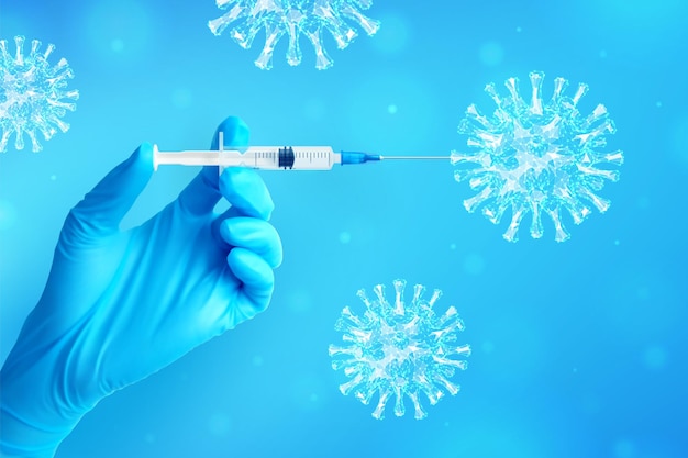 Hand in medical blue glove holding syringe with vaccine. vaccination or immunization concept. injection syringe in hand and virus cells. covid-19 coronavirus vaccine. vector realistic illustration.