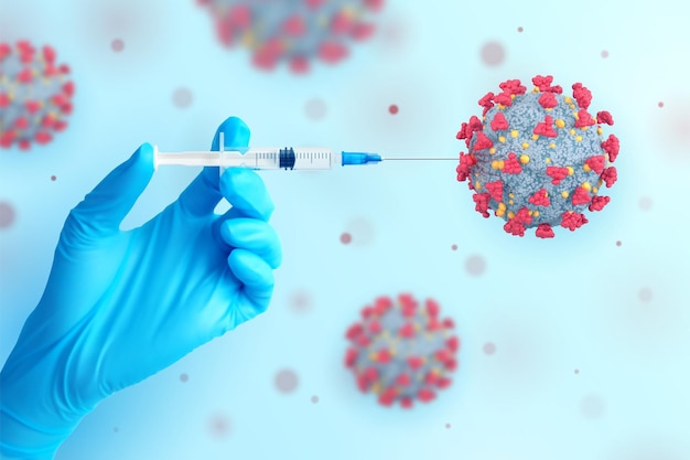 ワクチンと注射器を保持している医療用青い手袋を手に入れます