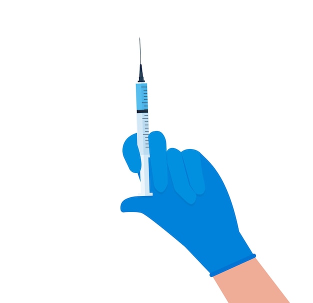 Vector hand in medical disposable gloves holding a syringe ready for injection vector illustration on white background