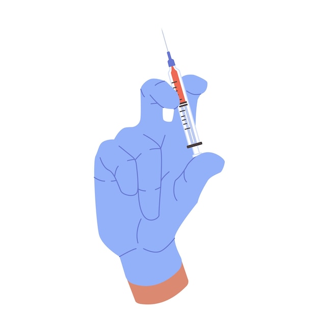Hand in medical gloves with syringe on white background Blood analysis