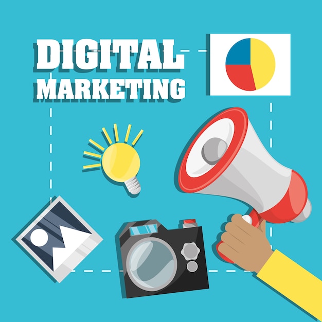 Hand and megaphone related with digital marketing