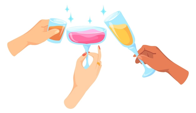 Hand met alcohol drinkt proost Cartoon glas gerinkel