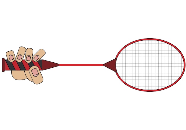 Hand met badmintonracket geïsoleerd op een witte achtergrond in cartoon-stijl in vectorafbeelding