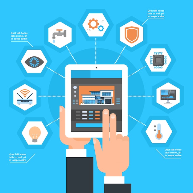 Hand met behulp van Smart Home Control-systeem op de Tablet PC House Monitoring Automation Concept