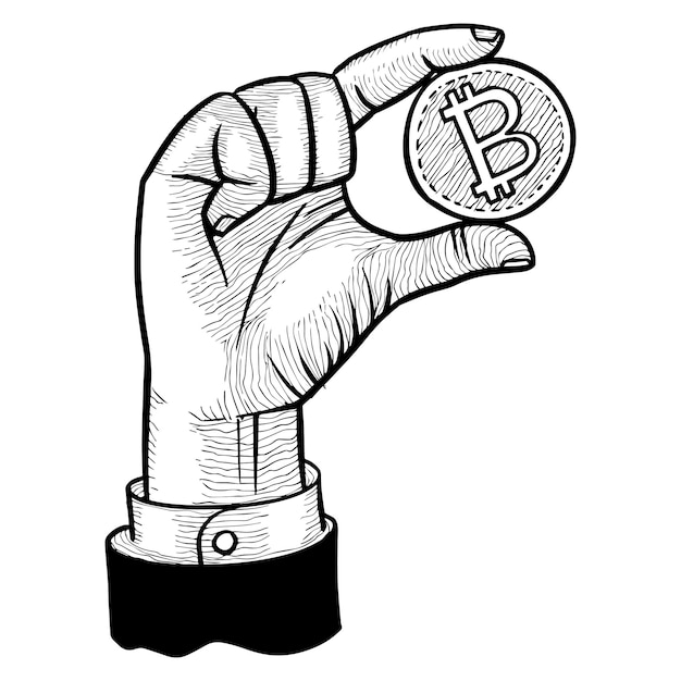 Vector hand met bitcoin munt hand getrokken vectorillustratie