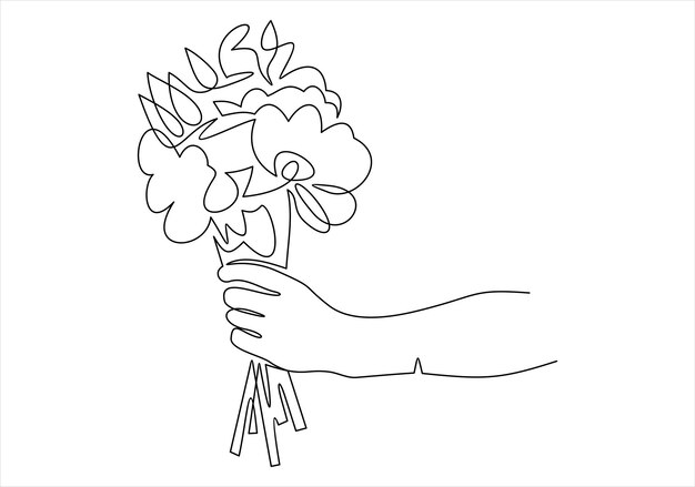 Hand met boeket bloemen.