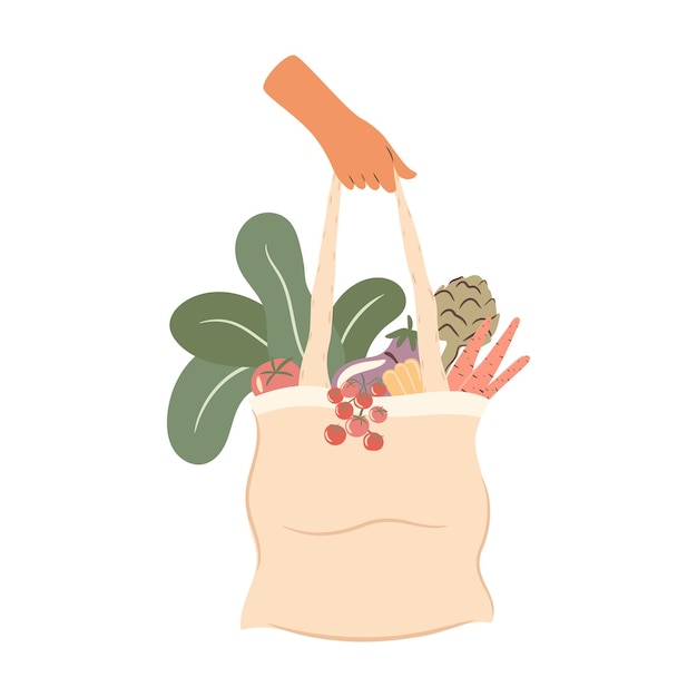 Hand met boodschappentas met groenten en saladebladeren Plasticfree concept illustratie