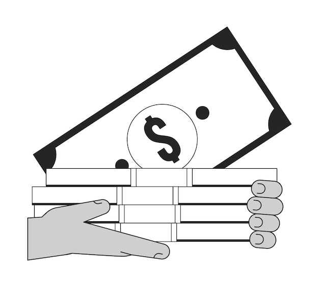 Hand met contant geld plat monochroom geïsoleerd vectorobject Besparingen Persoonlijke financiën Bewerkbare zwart-wit lijnwerk tekening Eenvoudige schets plek illustratie voor web grafisch ontwerp