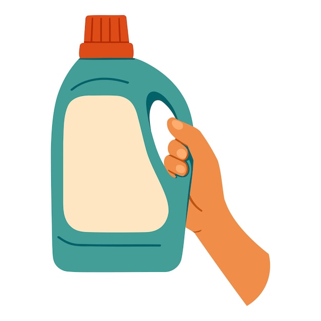 Hand met een detergentfles met wasvloeistof