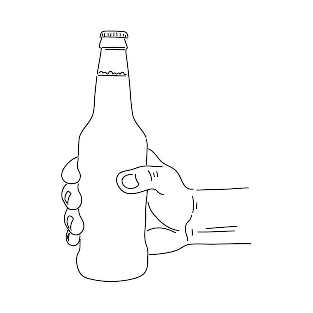 Vector hand met een flesje bier oktoberfest-apparatuur en getekende vectorillustratie