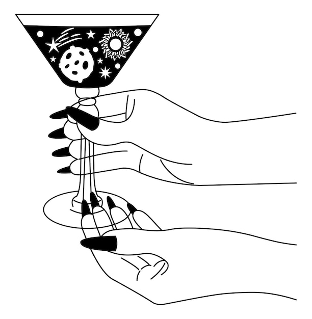 Hand met een glas vol planeten Hemels glas met planeten