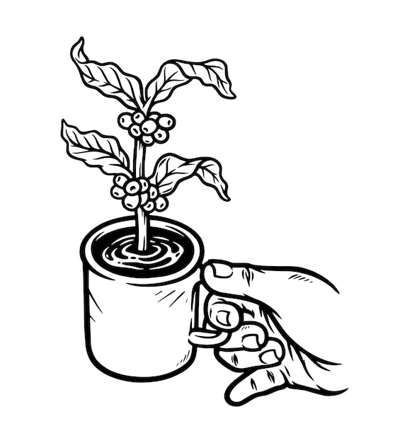 Vector hand met een kopje koffie lijn illustratie