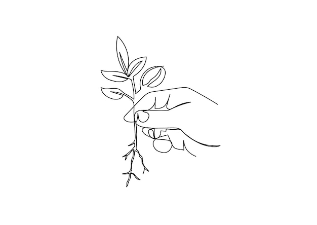 Hand met een plant met veel wortels wereldmilieudag continue lijntekening