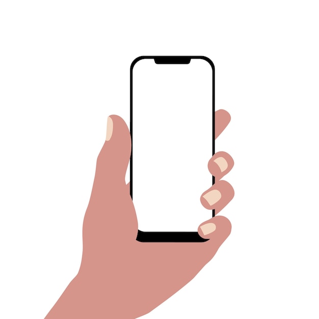 Hand met een smartphone op witte achtergrond sjabloon platte vectorillustratie