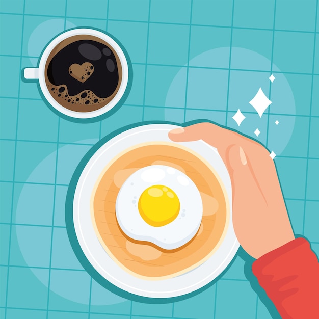 Hand met eieren en koffie ontbijt