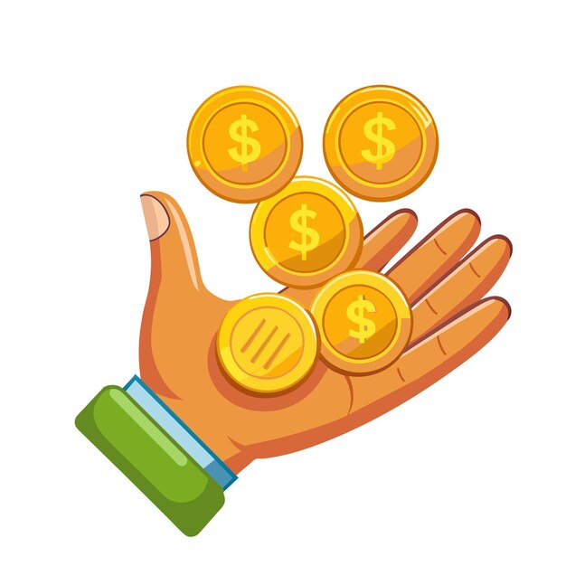 Vector hand met geld munten cartoon stijl bedrijf close-up op wit