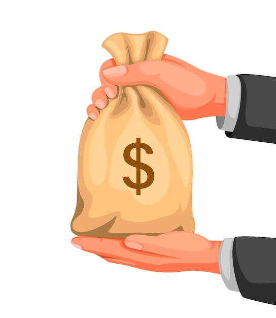 Hand met geldzak concept in cartoon afbeelding geïsoleerd op een witte achtergrond