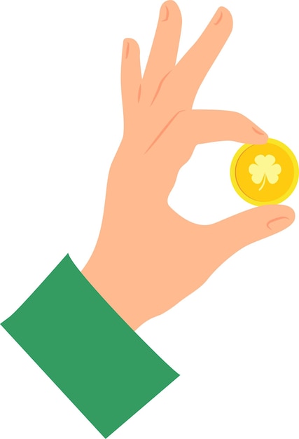 Hand met groene mouw met een gouden munt met een klaver afbeelding Vector illustratie