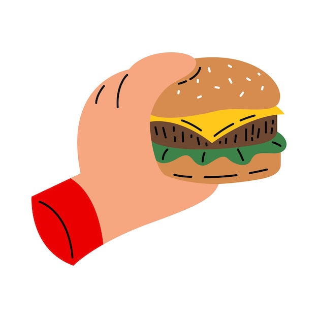 Hand met hamburger platte vectorillustratie