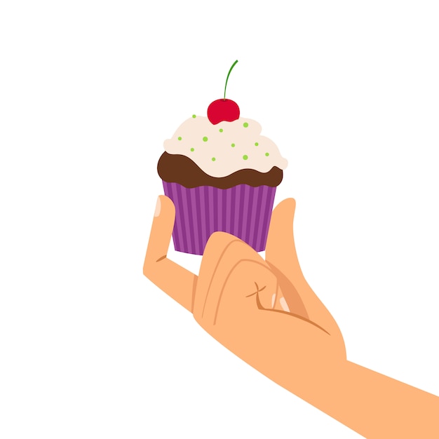 Vector hand met kersen cupcake