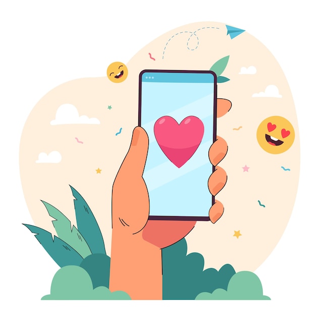 Hand met mobiele telefoon met liefdesbericht, hart op het scherm. Mensen die smartphone gebruiken voor online gelukkig gesprek in sms-chat met emoji platte vectorillustratie. Praten, social media concept