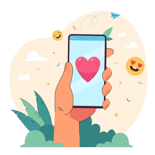 Hand met mobiele telefoon met liefdesbericht, hart op het scherm. mensen die smartphone gebruiken voor online gelukkig gesprek in sms-chat met emoji platte vectorillustratie. praten, social media concept