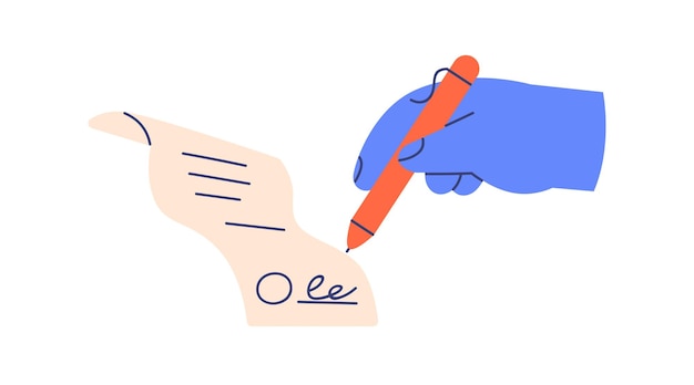 Vector hand met pen, ondertekening van bedrijfsdocument, handtekening op papieren contract zetten. arm ondertekening van abstracte juridische overeenkomst, deal sluiten. platte vectorillustratie geïsoleerd op een witte achtergrond