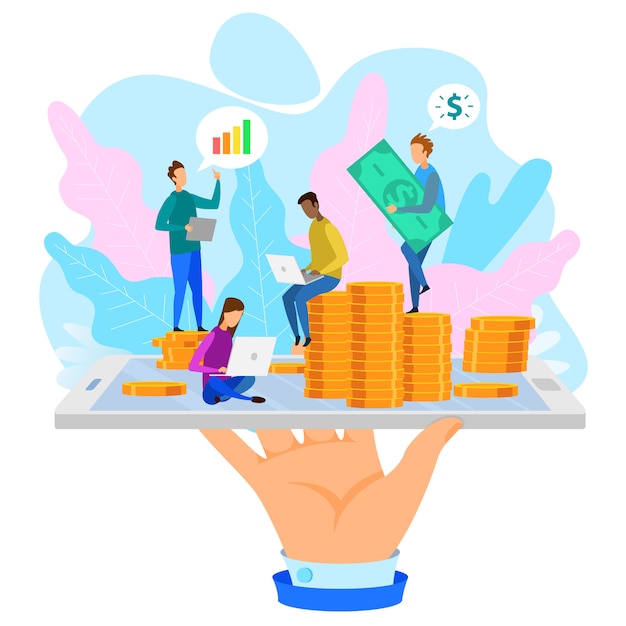 Hand met Phone Coin Cartoon People ontwikkelaarsteam