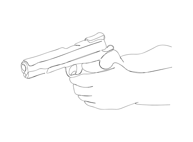 Hand met pistool single-line art tekening zet lijn vectorillustratie voort