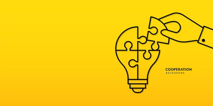 Vector hand met puzzel op gele achtergrond zakelijke oplossingen samenwerking en teamwork concept