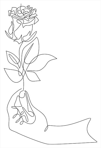 Hand met roze bloem. Doorlopende lijntekening, minimalisme vector