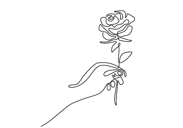 Hand met roze bloem een lijntekening