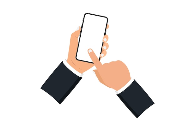 Hand met slimme telefoon met leeg scherm op witte achtergrond. Mobiele telefoon. Zwarte smartphones met leeg scherm. Platte stijl. Set Application Template-illustratie van een smartphone met wit scherm