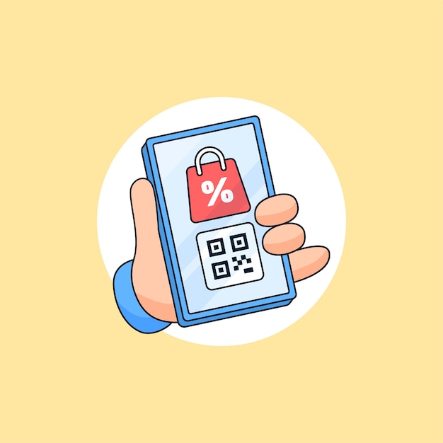 Hand met slimme telefoon met online winkel verkoop korting promotie sociale media poster boodschappentas barcode pictogram vectorillustratie