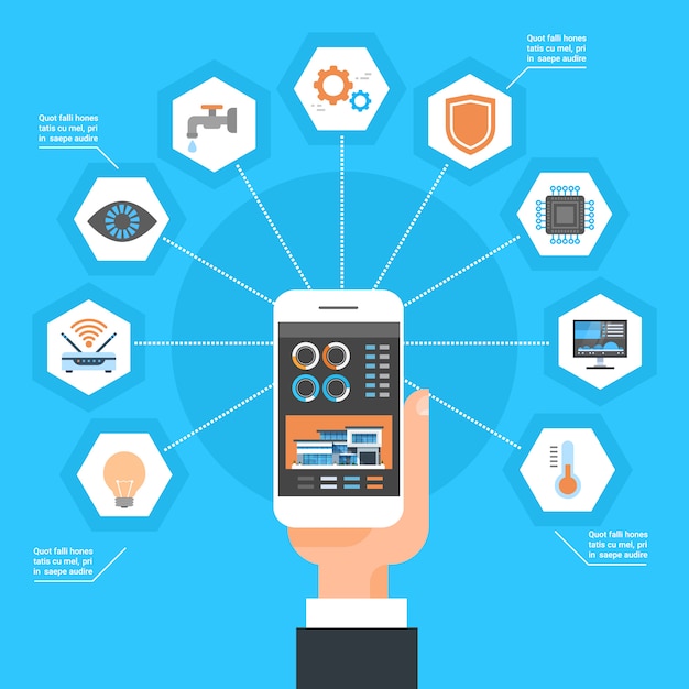 Hand met Smart Home Control-systeem op Smartphone House Monitoring Automation Concept