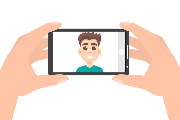 Vector hand met smartphone en het nemen van foto, selfie.